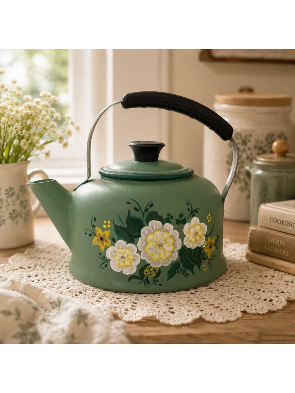 Vintage Green Hand Painted Floral Tea Kettle With Lid Metal Handle Home Decor